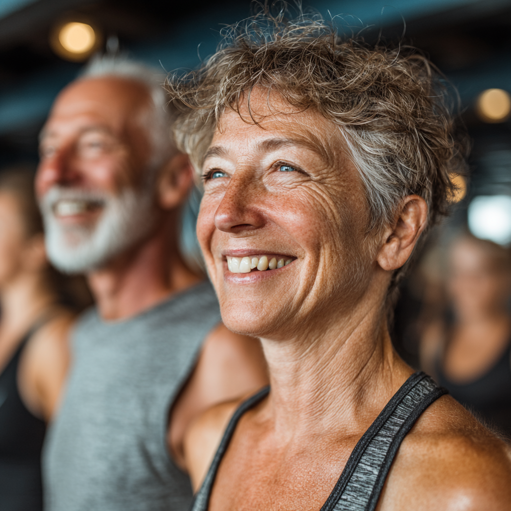 Group of mature adults aged 45-55 participating in trial fitness class, smiling and engaged in light exercise with instructor guidance
